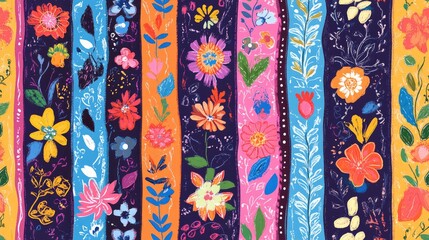Vibrant hand drawn motifs featuring seamless floral abstract patterns with colorful borders