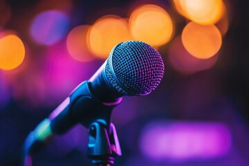 Obraz premium Close-up of a Microphone on a Stand with a Blurred Background of Colorful Lights