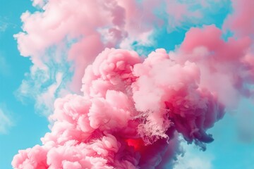 Fototapeta premium Pink and white smoke clouds in bright blue sky. Abstract cloud formation for design and background.