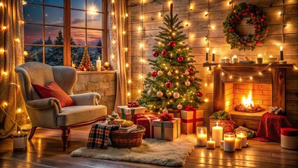 Softly glowing candles nestled among evergreen boughs and velvet swags of crimson and gold, warm the winter