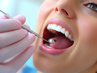 A close-up of a patient receiving dental care, showcasing healthy teeth and professional tools in a bright dental environment.