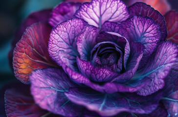 close-up shot of an ornamental cabbage with vibrant purple leaves and intricate patterns
