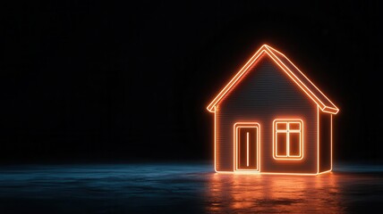 Neon house financial dashboard, with glowing line graphs and bar charts representing mortgage trends, home value, and loan repayments against a futuristic grid background, 3D illustration