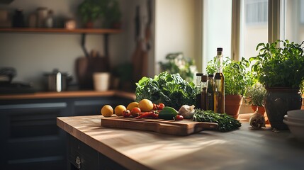 Rustic kitchen counter with fresh vegetables and herbs, a green organic food concept.