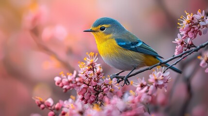 Delicate Beauty: Close-up of Blue-winged Warbler Among Flowers, Capturing Its Graceful Flight and Vibrant Hues