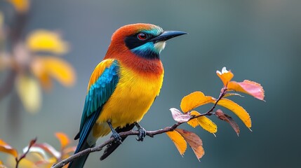 Obraz premium Majestic European Bee-Eater showcasing vibrant feathers and distinctive beak perched on a branch in close-up shot