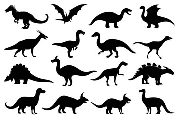 Set of dinosaur black silhouette vector illustration isolated on a transparent background