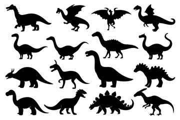 Set of dinosaur black silhouette vector illustration isolated on a transparent background