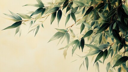 Green Bamboo Leaves on a Beige Background