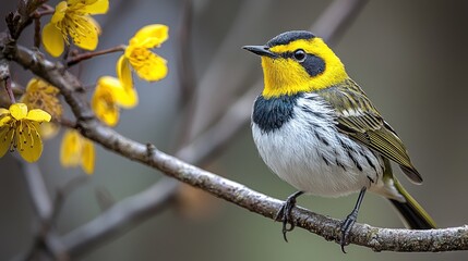 Fototapeta premium Enchanting Black-Throated Green Warbler showcasing Vibrant Plumage and Curious Expression on Branch