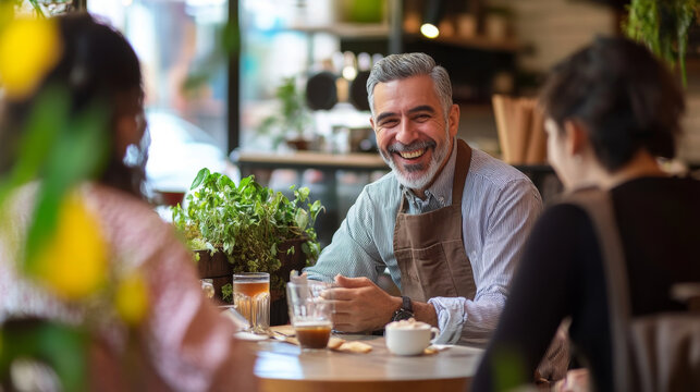 Cheerful cafe owner chatting with regular customers at a small table, the cafe's comfortable ambiance enhancing the friendly vibe