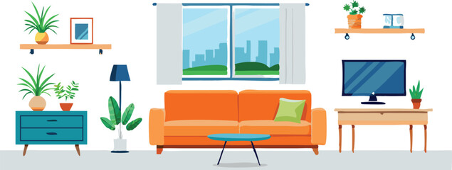 Modern Interior Design with Sofa Set Flat Vector Isolated