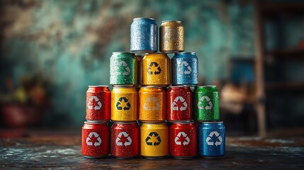 A stack of aluminum cans with a recycling symbol printed on each can, arranged in a pyramid formation, ready for recycling. 
