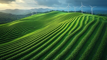 Fototapeta premium Wind Turbines on Green Hillside with Rows of Crops