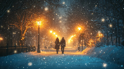 A couple walking in the snow on a winter night