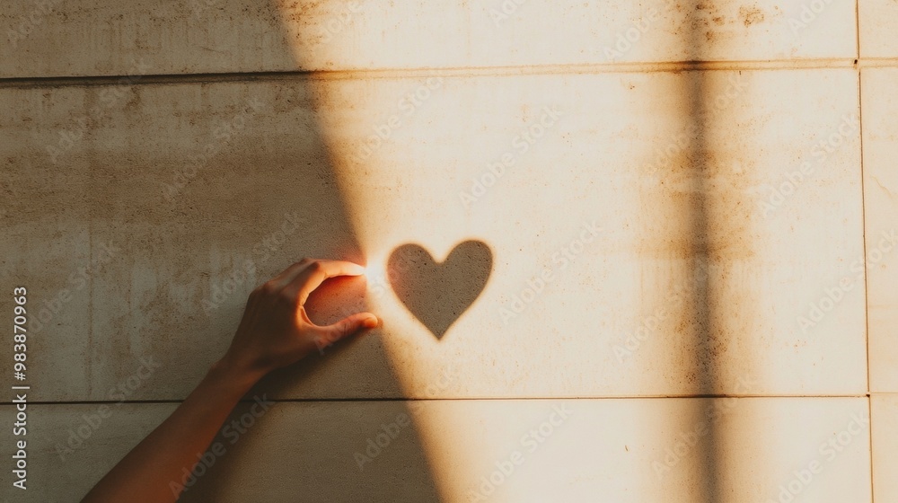 Poster minimalist of hand casting heart-shaped shadow on wall with flashlight