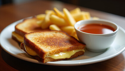 Angled shot of a plate of grilled cheese sandwich, served with a cup of tomato soup for dipping.