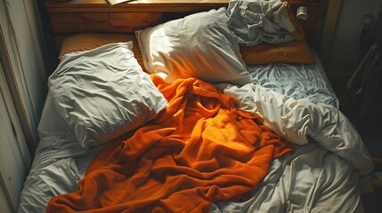 Rest or life in a couple unkempt queen size bed with torn linens and an orange blanket cover