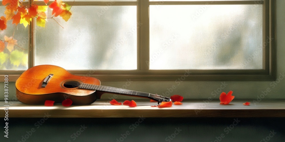 Poster minimalist guitar with autumn leaves and petals on window ledge in soft light