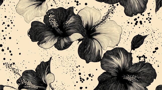 Seamless pattern featuring a stylized floral motif with flowers holes spots and doodles Hand drawn hibiscus flowers in black and beige tones Seamless floral background design