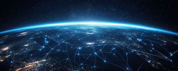 Earth's electronic ecosystem featuring worldwide network activity in web banner