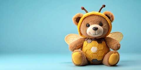 The cuddly teddy bear wore a bee disguise, grasping a honeycomb tightly as it radiated happiness in front