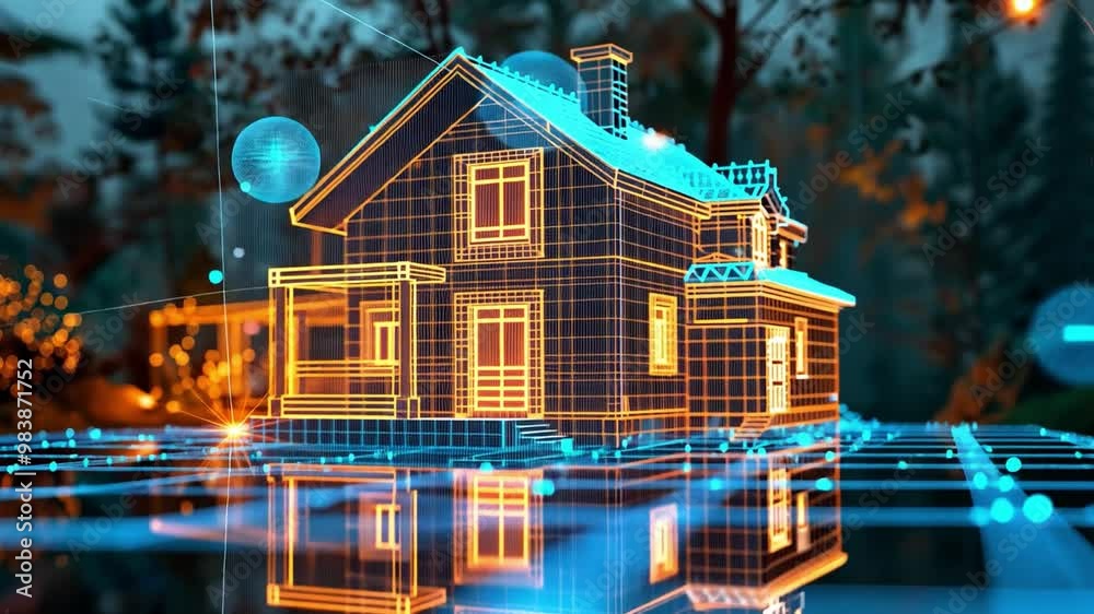 Aufkleber the architectural design showcases a modern home with a detailed wireframe. glowing lights create a 