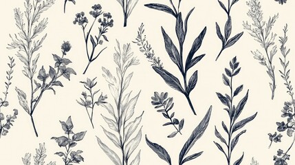 Seamless pattern featuring wild plants Vintage sketch Botanical illustration on a light background