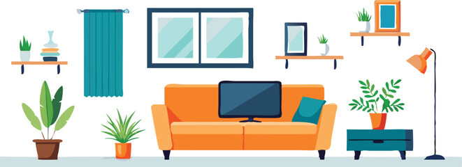 Fototapeta premium Modern Interior Design with Sofa Set Flat Vector Isolated