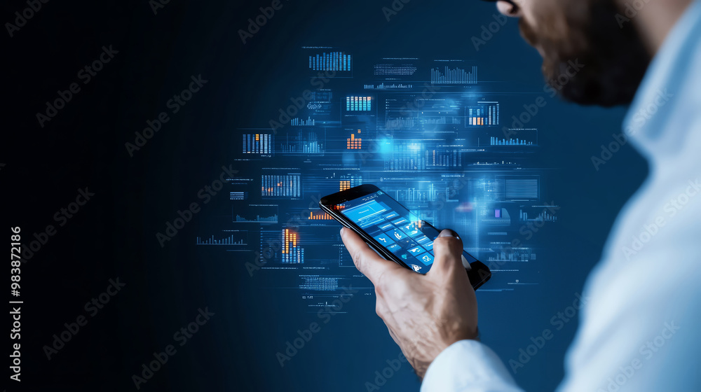 Wall mural close-up of a person using a smartphone with digital interface elements on a blue background.