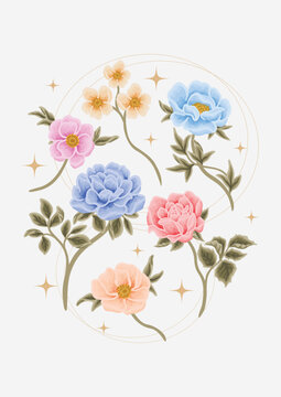 Vintage hand drawn botanical flower poster with rose, daisy, gerbera, peony florals, greeneries illustration for decoration, branding, book or journal cover