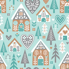 Seamless vector pattern with cute Scandinavian gingerbread houses and trees. Hand drawn Christmas gingerbread village. EPS 10 vector file. Perfect for textile, wallpaper or print design. © MirabellePrint