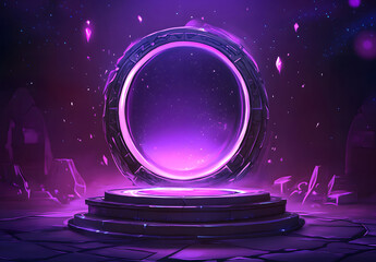 Obraz premium Elegant Neon-Lit Mirror on Stage with Purple Drapes