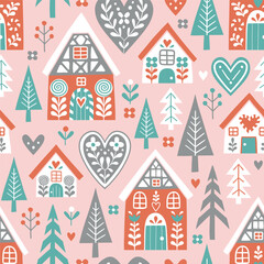 Seamless vector pattern with cute Scandinavian gingerbread houses and trees. Hand drawn Christmas gingerbread village. EPS 10 vector file. Perfect for textile, wallpaper or print design.