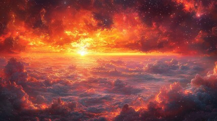 Fototapeta premium Fiery Sunset Above Cloudscape with Stars