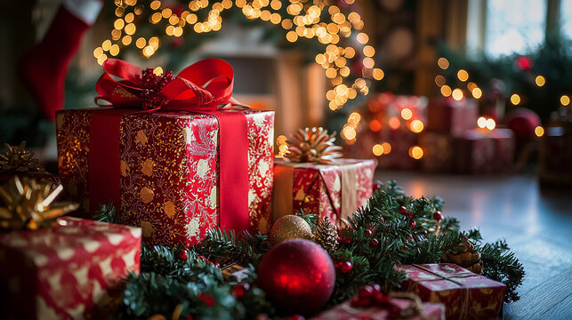 A red box with a red bow sits on a table with other red boxes and a red ball