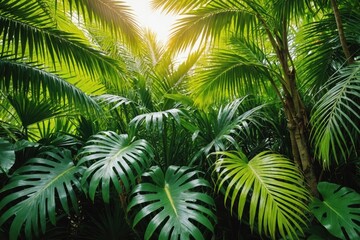 tropical background view of green leaf and palms background
