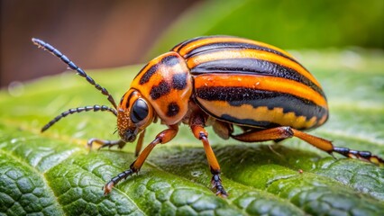 Fototapeta premium The orange and black beetle's striped markings glisten as it crawls slowly up the leaf's surface, its tiny