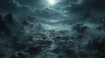 Obraz premium Mystical Moonlit Mountain Landscape with Fog and Rocks