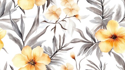 Watercolor seamless pattern of tropical flowers and branches hand drawn illustration