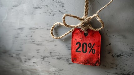 Get an eye-catching 20 percent off tag hanging from twine on a rustic grey wall during a seasonal sale. Generative AI