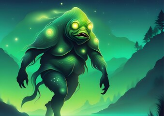 Giant Green Monster Creature Walking on the Mountain at Scary Night