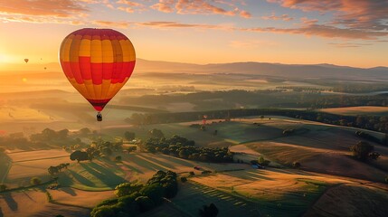 Obraz premium Ride in a hot air balloon over a breathtakingly inspiring countryside with a vibrant early morning