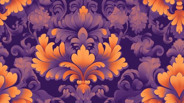 Seamless damask pattern featuring classical luxury and vintage ornamentation ideal for printing and textile use Elegant baroque design in orange and violet hues