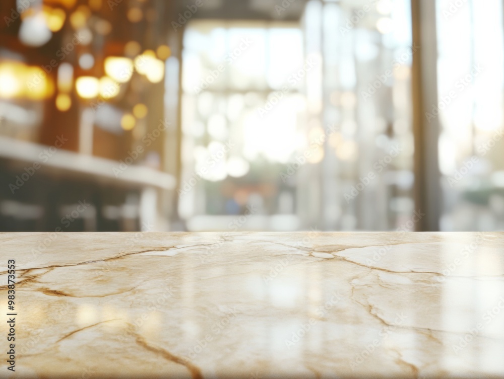 Poster minimalist retro-theme product display on warm cream marble table with soft focus interior and nosta