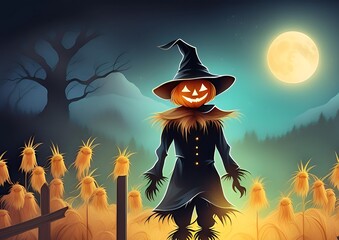 Scarecrow with Eyes Lit Up Standing Alone on the Rice Fields at Night Full Moon Illustration Cartoon