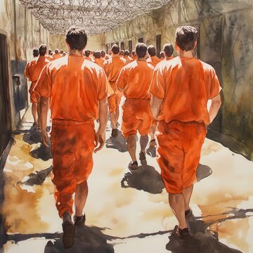 Inmates in orange uniforms walking through a prison corridor. Sunlight casts shadows creating a dramatic atmosphere.