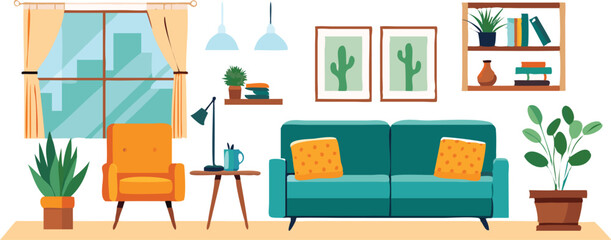 Modern Interior Design with Sofa Set Flat Vector Isolated