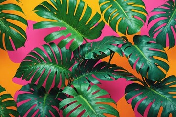 tropical bright colorful background with exotic painted tropical palm leaves