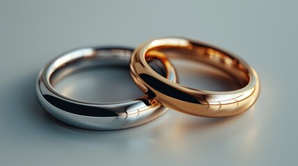 Elegant silver and gold wedding rings entwined on a smooth surface, capturing everlasting love and commitment. Generative AI
